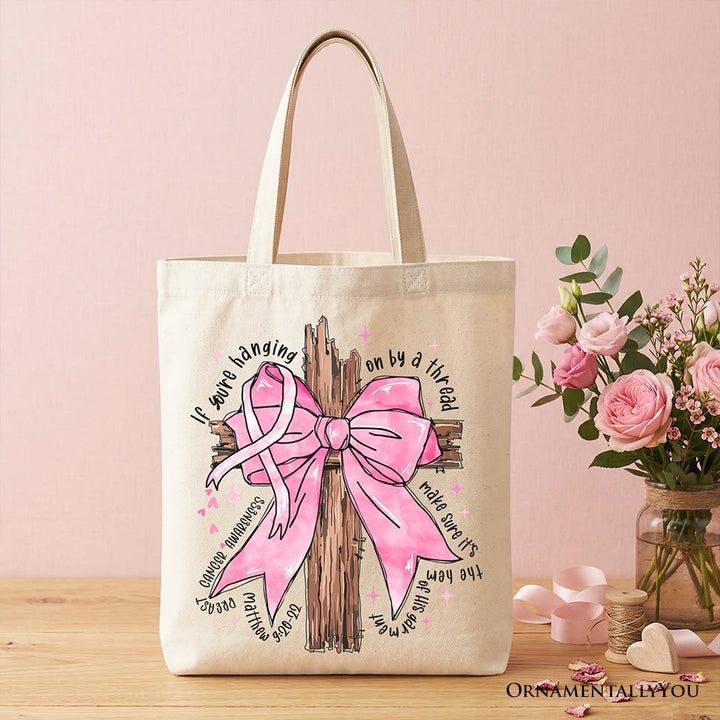 Breast Cancer Pink Bow Cross Tote Bag, Awareness Faith Christian Gift Shopper Tote Bag OrnamentallyYou Beige 