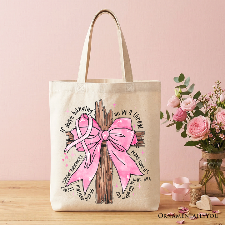 Breast Cancer Pink Bow Cross Tote Bag, Awareness Faith Christian Gift Shopper