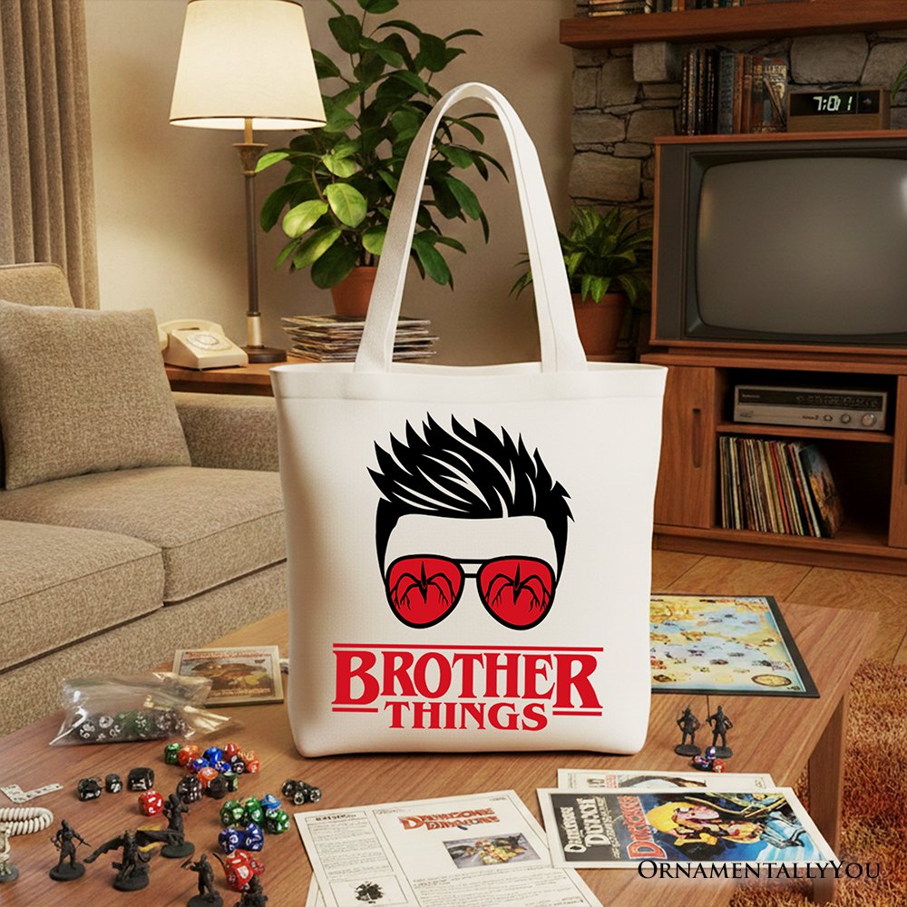 Brother Things Retro Canvas Tote Bag, Red Glasses Family Matching Gift Shopper Tote Bag OrnamentallyYou White 