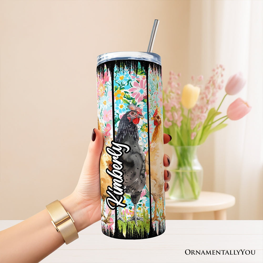 Brushstrokes Chicken Farm 20oz Personalized Tumbler With Lid and Stainless Steel Straw, Colorful Floral Farmlife Gift Cup Tumbler OrnamentallyYou 