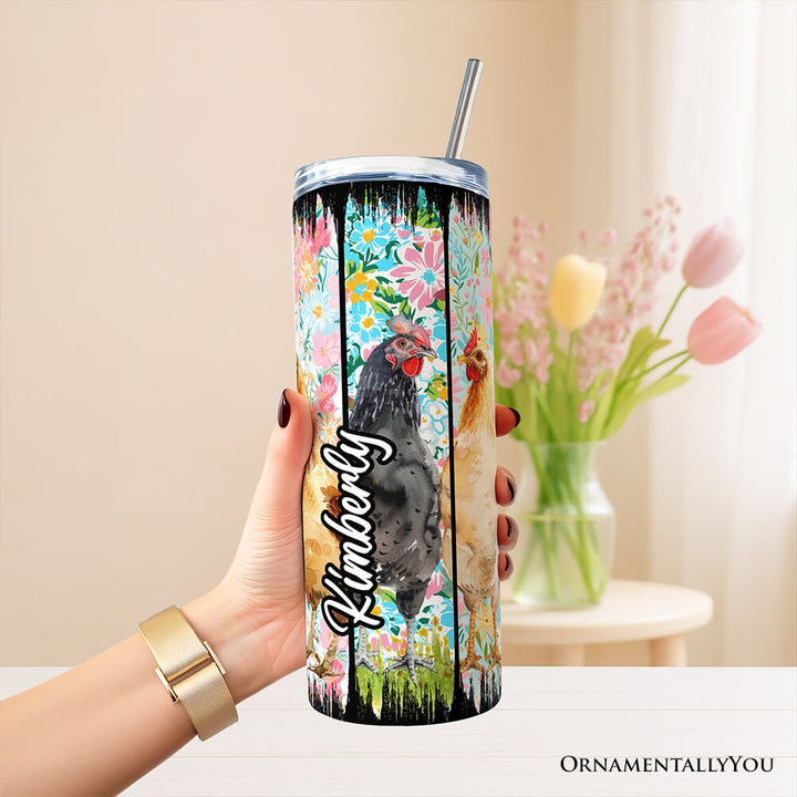 Brushstrokes Chicken Farm 20oz Personalized Tumbler With Lid and Stainless Steel Straw, Colorful Floral Farmlife Gift Cup Tumbler OrnamentallyYou 