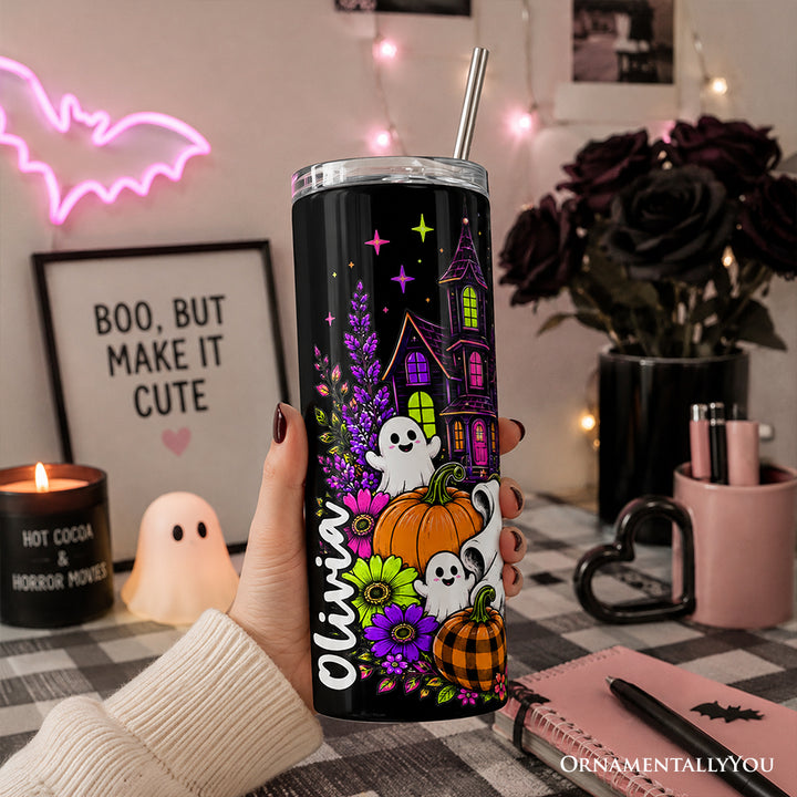 Bubblegum Ghost Haunted House 20oz Personalized Tumbler With Lid and Stainless Steel Straw, Colorful Floral Halloween Pumpkin Gift Cup