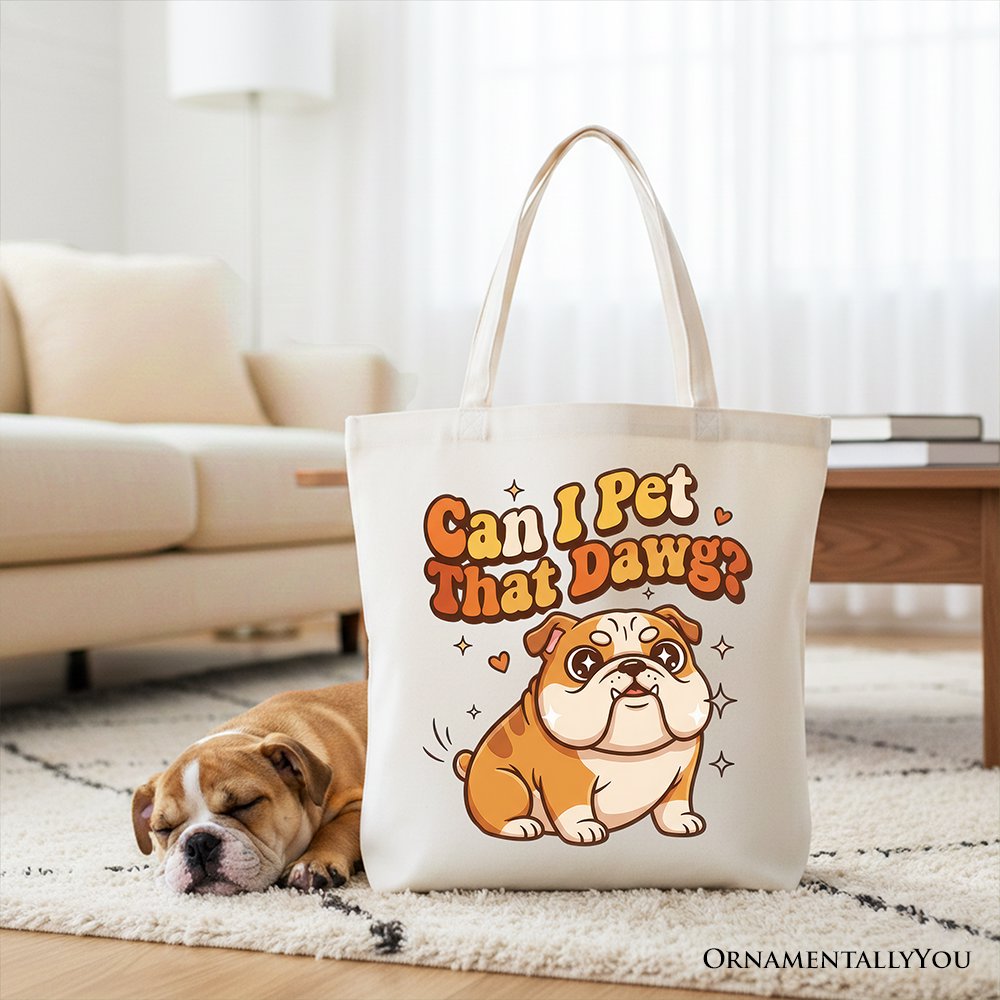 Can I Pet That Dawg Bulldog Retro Tote Bag, Cute Funny Dog Lover Gift Shopper Tote Bag OrnamentallyYou White 