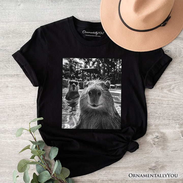 Capybara Selfie Funny T-Shirt, Meme Animal Photo Style Tee T-Shirts OrnamentallyYou Black XS 