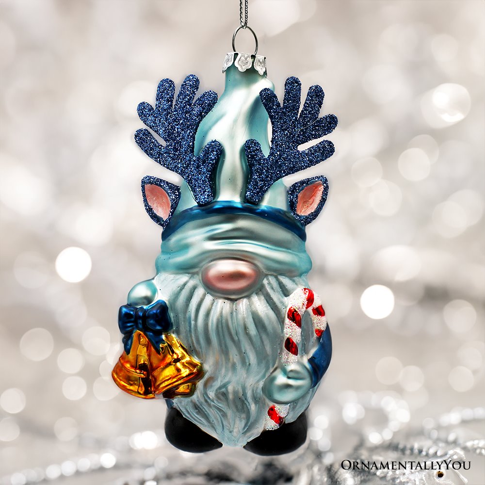 Charming Blue Gnome with Antlers Glass Christmas Ornament Glass Ornament OrnamentallyYou 