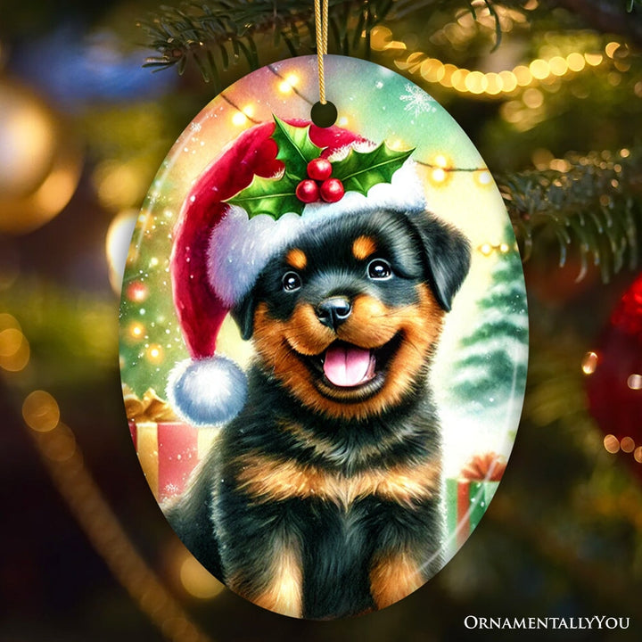 Charming Rottweiler in Festive Attire Ornament, Heartwarming Dog-Themed Christmas Gift Decor Ceramic Ornament OrnamentallyYou 