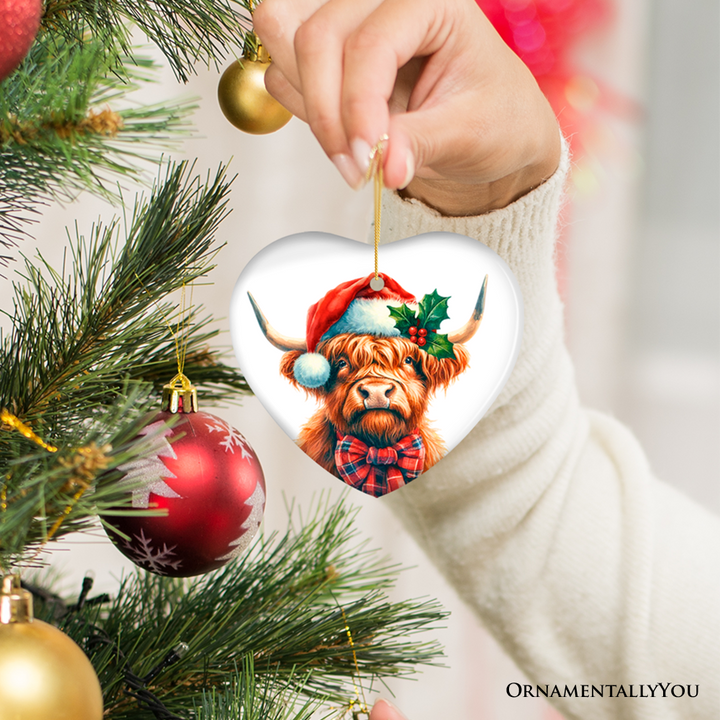 Charming Scottish Highland Cow Ceramic Ornament, Tartan Holiday Gift and Rustic Christmas Tree Decor