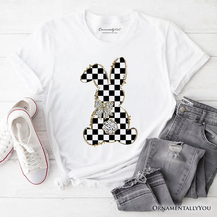 Checkered Easter Bunny Coquette T-Shirt, Stylish Spring Tee T-Shirts OrnamentallyYou White XS 