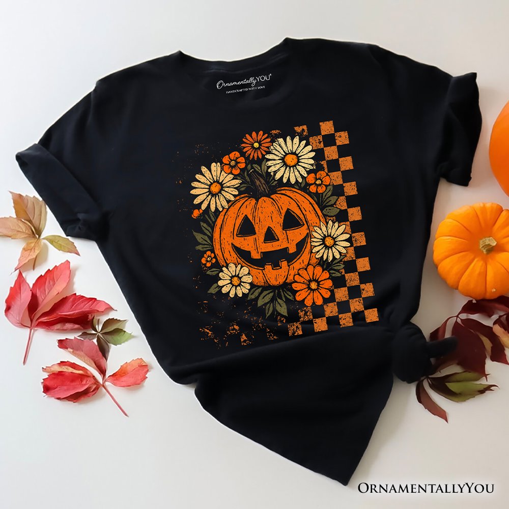 Checkered Floral Pumpkin T-Shirt, Retro Preppy Halloween Tee for Spooky Season Vibes T-Shirts OrnamentallyYou Black XS 