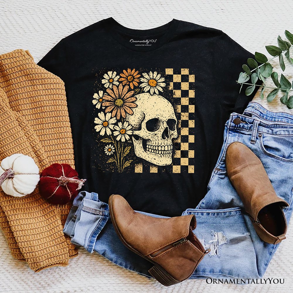 Checkered Floral Skeleton T-Shirt, Vintage Skull Daisy Halloween Tee T-Shirts OrnamentallyYou Black XS 