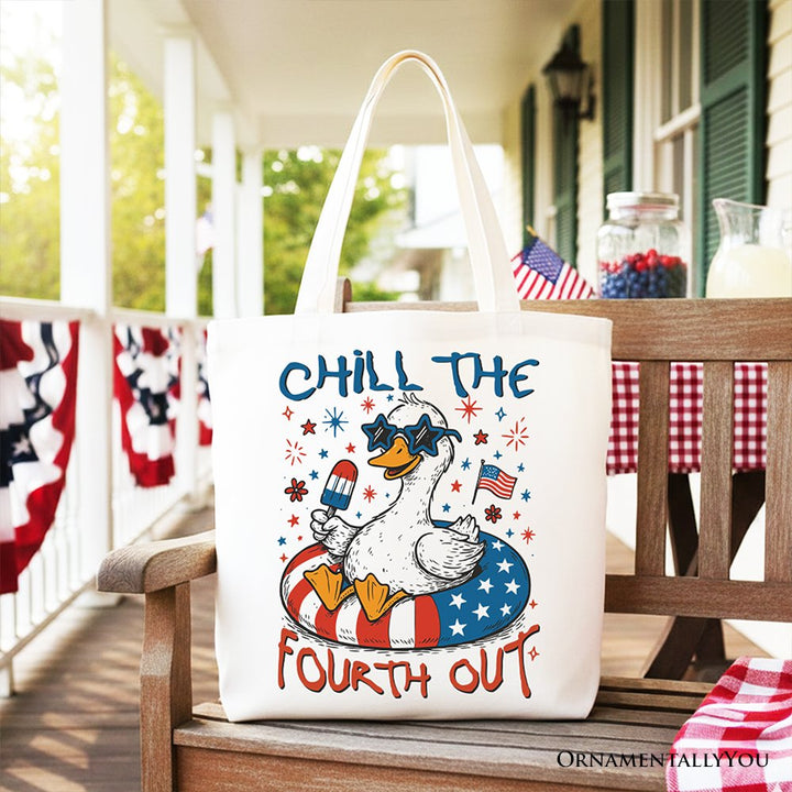 Chill The Fourth Out Goose Canvas Tote Bag, Funny Patriotic 4th of July Gift Shopper Tote Bag OrnamentallyYou White 