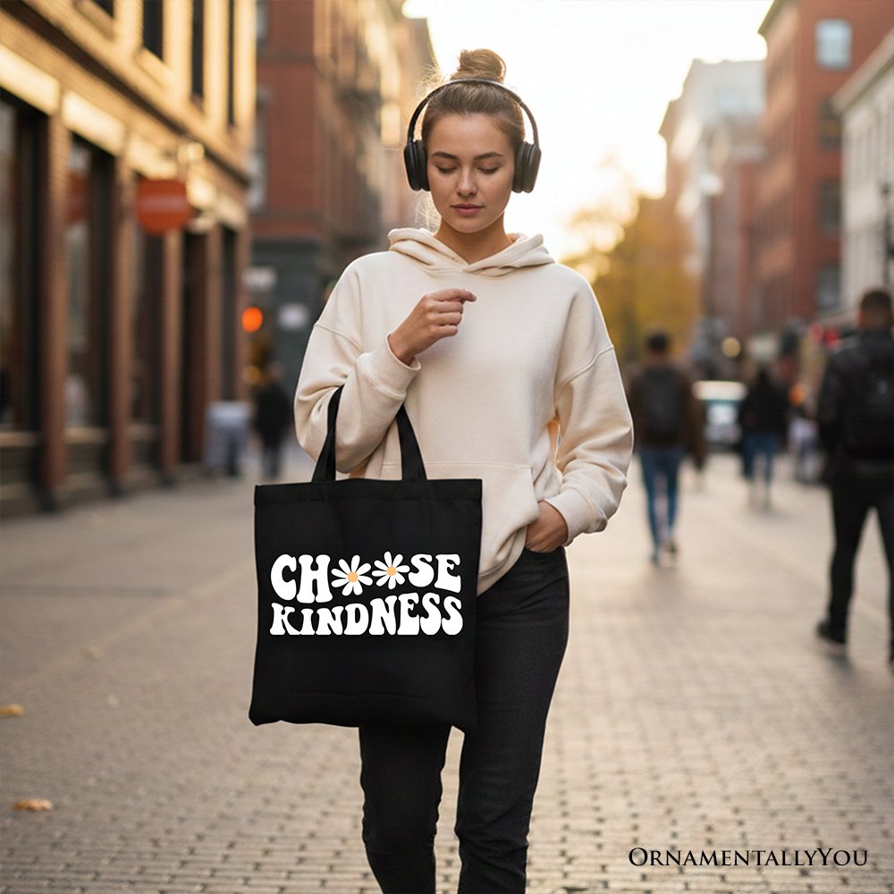 Choose Kindness Daisies Tote Bag, Retro Groovy Positive Quote Gift Shopper Tote Bag OrnamentallyYou 