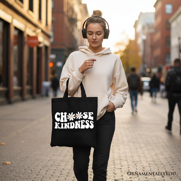 Choose Kindness Daisies Tote Bag, Retro Groovy Positive Quote Gift Shopper