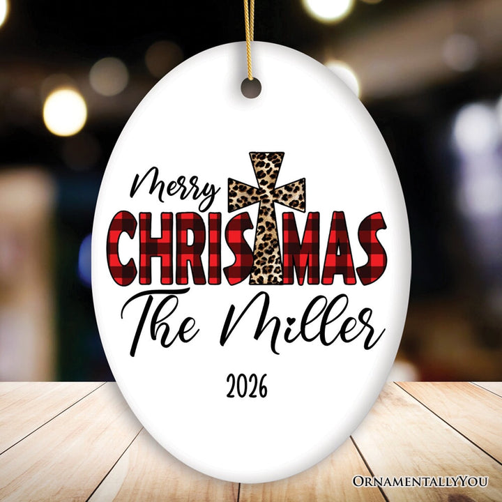 Christian Christmas Buffalo Plaid Personalized Ornament, Holiday Family Gift Ceramic Ornament OrnamentallyYou Oval 