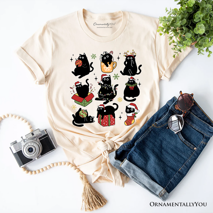 Christmas Black Cats T‑Shirt, Whimsical Cats with Santa Hat Tee