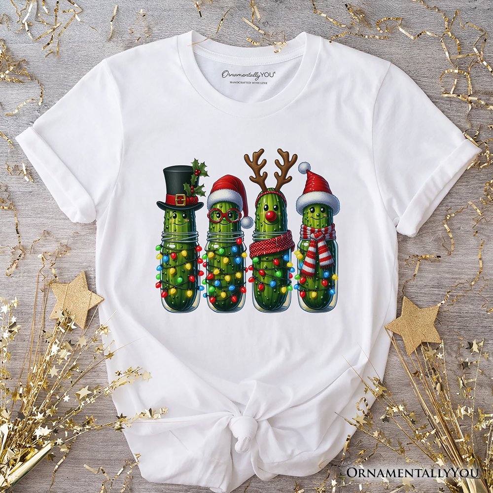 Christmas Pickles T-Shirt, Festive Holiday Cucumber Holiday Tee T-Shirts OrnamentallyYou White XS 