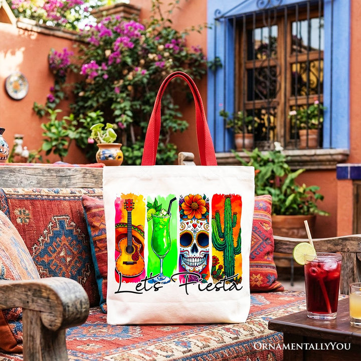 Cinco De Mayo Brushstroke Mexican Tote Bag, Let’s Fiesta Guitar Margarita Skull Cactus Gift Shopper Tote Bag OrnamentallyYou Red Handle 