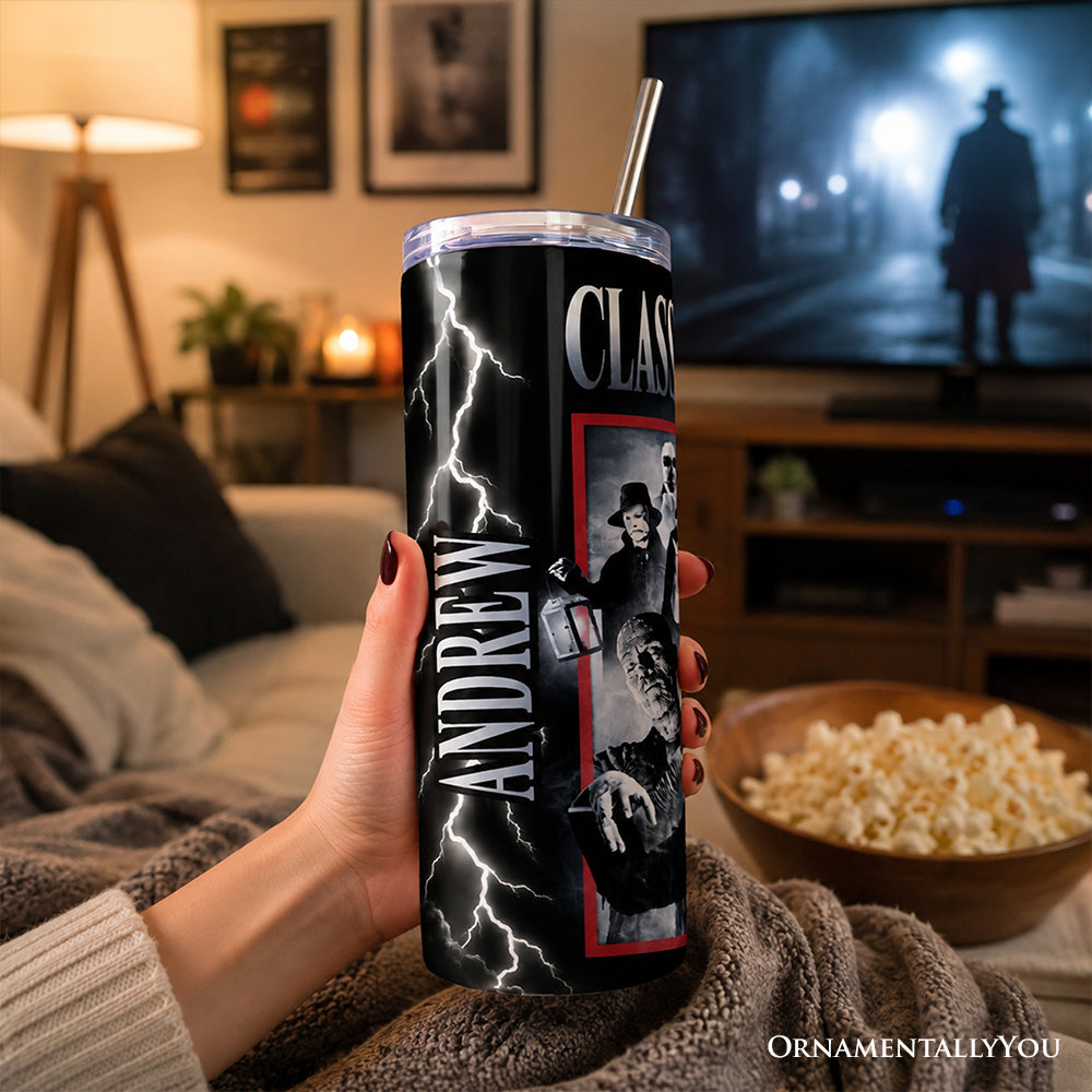 Classic Monsters Black and White 20oz Personalized Tumbler With Lid and Stainless Steel Straw, Retro Vintage Horror Gift Cup
