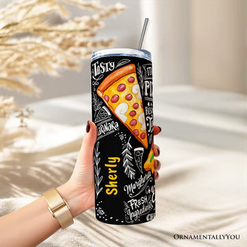 Classic Pizza Slice Doodle 20oz Personalized Tumbler With Lid and Stainless Steel Straw, Italian Pizzeria Chalk Art Gift Cup Tumbler OrnamentallyYou 
