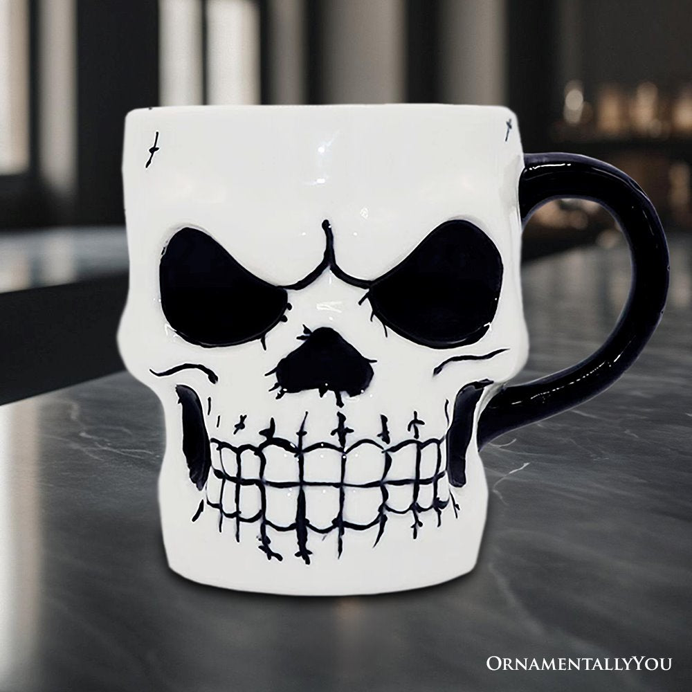 (Pre-Order) Classic Skeleton Face Spooky 4" Mug, Ceramic Halloween Gothic Kitchen Cup Decor Mugs OrnamentallyYou 