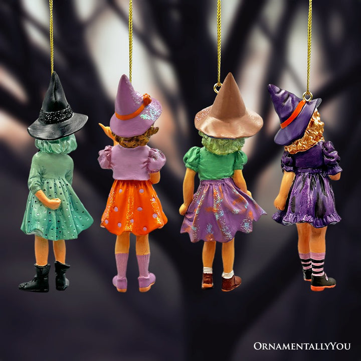 (Pre-Order) Classic Victorian Little Witch Girls Set of 4 Ornaments, Vintage Halloween Tree Resin Decoration Ornament Bundle OrnamentallyYou 