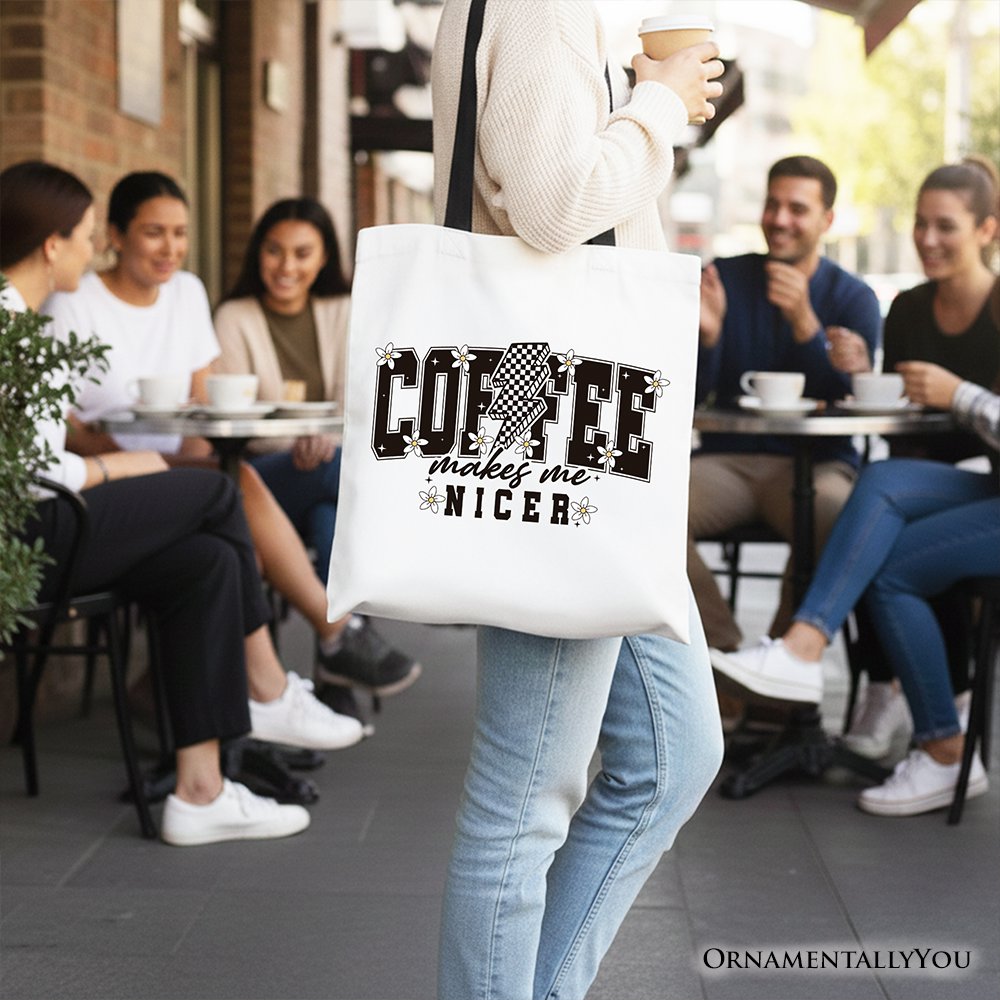 Coffee Makes Me Nicer Retro Tote Bag, Trendy Gift Shopper for Stylish Women and Caffeine Lovers Tote Bag OrnamentallyYou 
