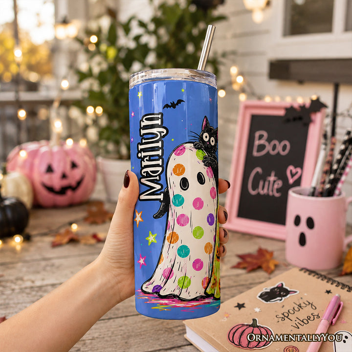 Colorful Ghosts and Black Cats 20oz Personalized Tumbler With Lid and Stainless Steel Straw, Neon Halloween Spooky Season Gift Cup