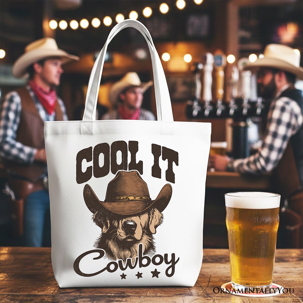Cool It Cowboy Canvas Tote Bag With Western Dog, Retro Golden Retriever Gift Shopper for Country Lover Tote Bag OrnamentallyYou White 