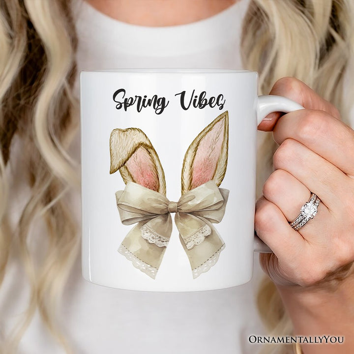 Coquette Bow Bunny Ears Personalized Mug, Aesthetic Spring Vibes Gift With Custom Name Personalized Ceramic Mug OrnamentallyYou 