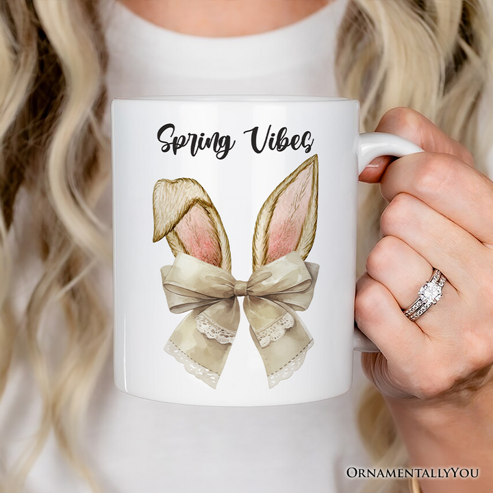 Coquette Bow Bunny Ears Personalized Mug, Aesthetic Spring Vibes Gift With Custom Name