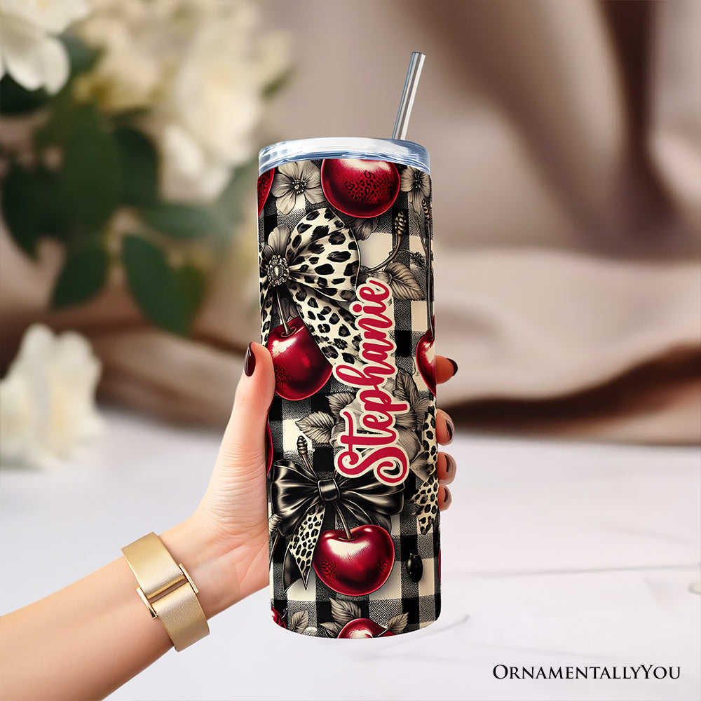 Coquette Cherries And Bows 20oz Personalized Tumbler With Lid and Stainless Steel Straw, Vintage Girly Buffalo Plaid Gift Cup