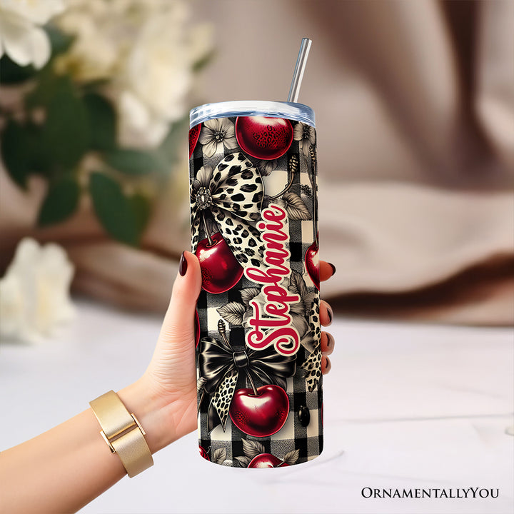 Coquette Cherries And Bows 20oz Personalized Tumbler With Lid and Stainless Steel Straw, Vintage Girly Buffalo Plaid Gift Cup