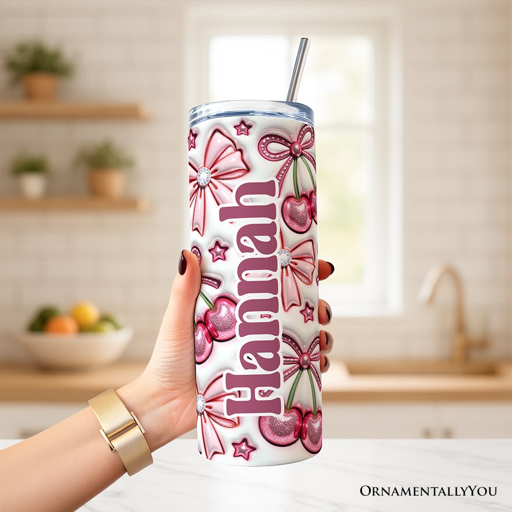 Coquette Cherry Bows 3D Inflated Tumbler With Lid and Stainless Steel Straw, Spring Floral Travel Mug Gift Tumbler OrnamentallyYou 
