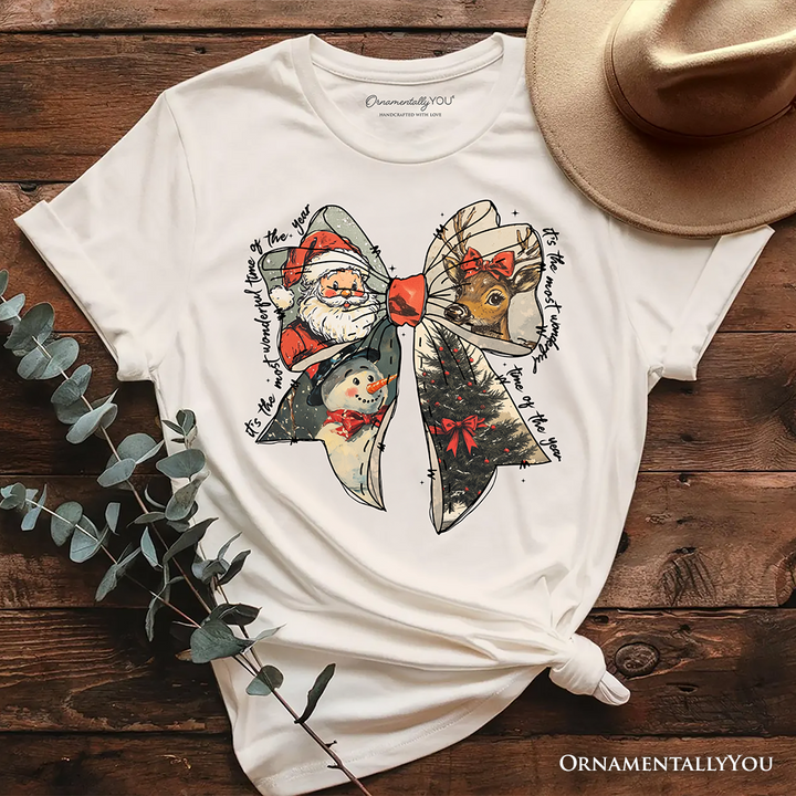 Coquette Christmas Bow T‑Shirt, It's Most Wonderful Time Of The Year Vintage Tee With Santa, Deer and Snowman