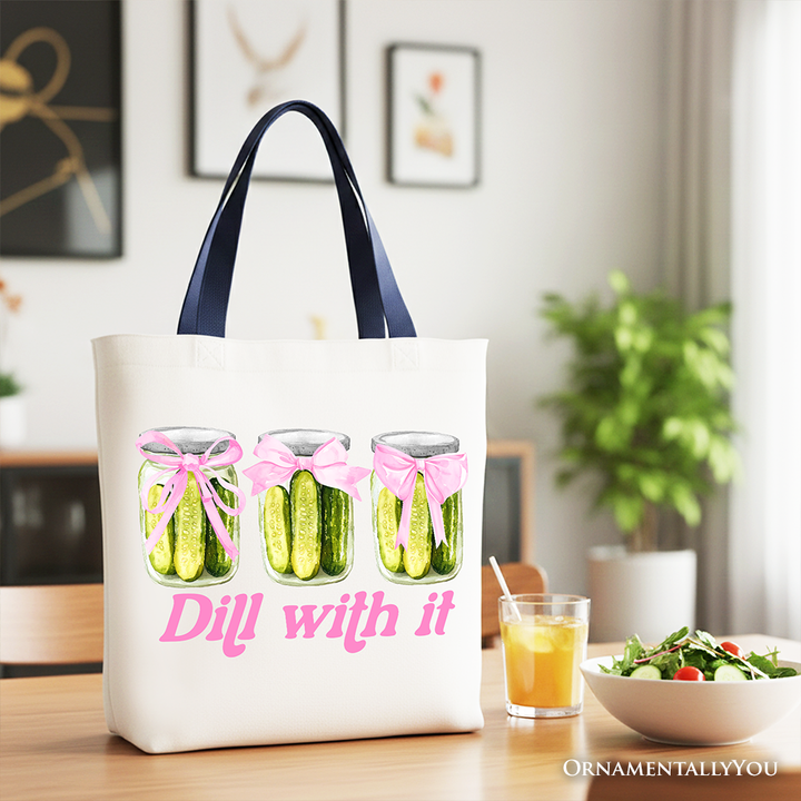 Coquette Dill With It Funny Canvas Tote Bag, Pink Bow Pickle Lover Gift Shopper for Cute and Quirky Style Fans