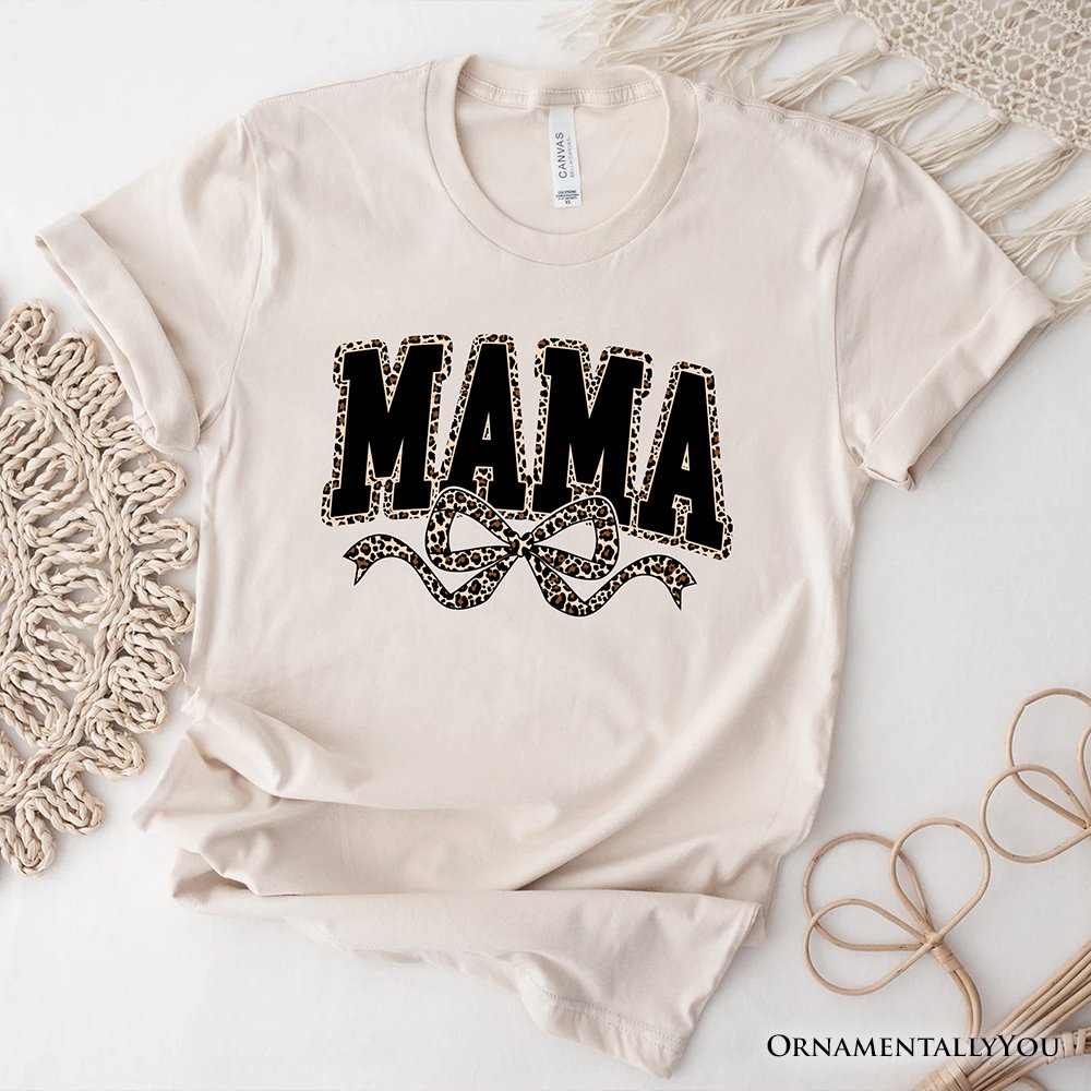 Coquette Leopard Mama T-Shirt, Retro Bow Varsity Tee for Trendy Moms T-Shirts OrnamentallyYou Natural XS 