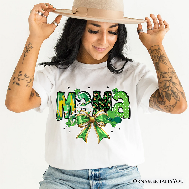 Coquette Mama Bow St Patrick’s Day T-Shirt, Green Lucky Shamrock Clover Tee