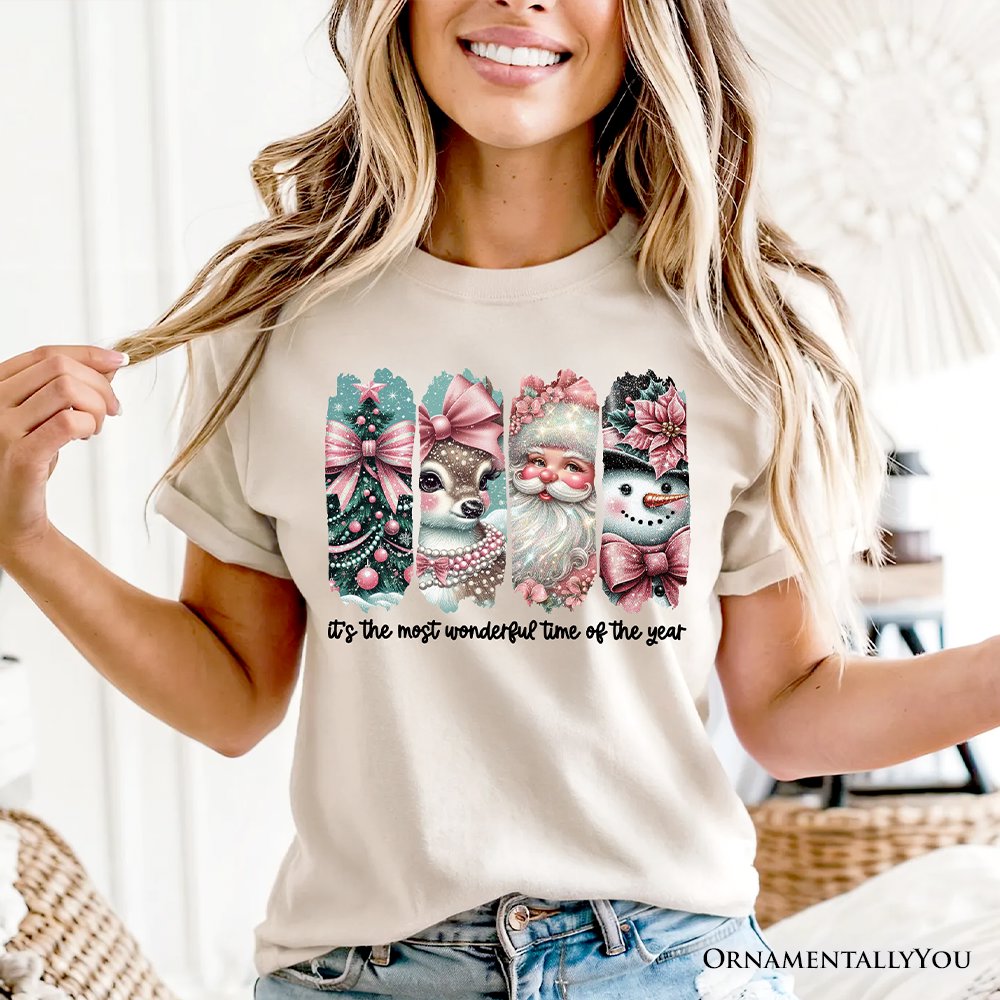 Coquette Pink Christmas T‑Shirt, It's The Most Wonderful Time Of The Year Vintage Tree, Reindeer, Santa and Snowman Tee T-Shirts OrnamentallyYou 