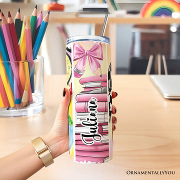 Coquette Pink Teacher 20oz Personalized Tumbler With Lid and Stainless Steel Straw, Retro School Brushstrokes Gift Cup Tumbler OrnamentallyYou 