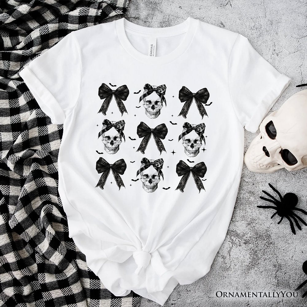 Coquette Skulls and Bows T-Shirt, Gothic Halloween Tee for Stylish Women T-Shirts OrnamentallyYou White XS 