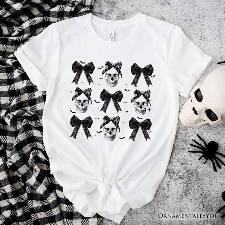 Coquette Skulls and Bows T-Shirt, Gothic Halloween Tee for Stylish Women T-Shirts OrnamentallyYou White XS 