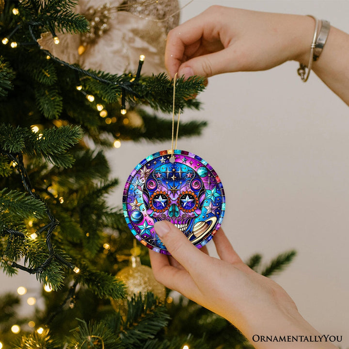 Cosmic Celestial Sugar Skull Ornament, Stellar Christmas Gift and Decor Ceramic Ornament OrnamentallyYou 