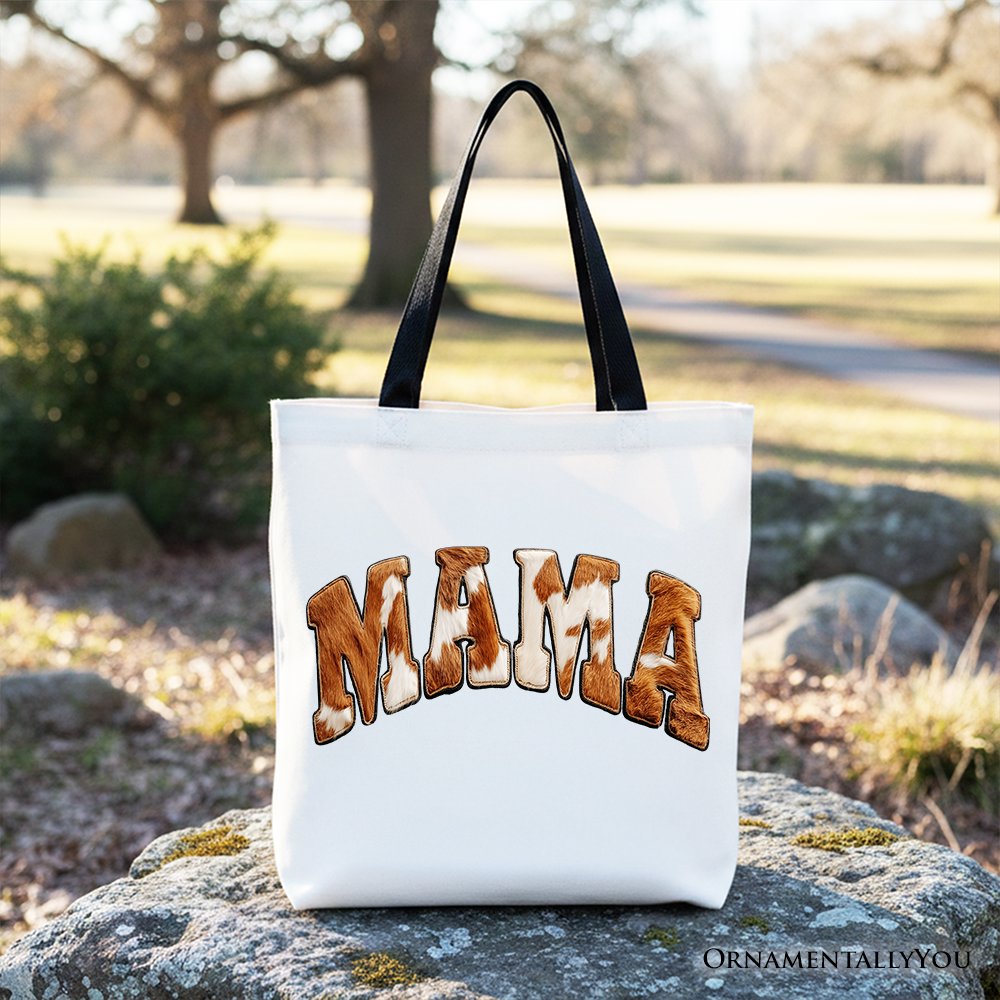 Cow Print Mama Western Tote Bag, Faux Cowhide Mom Gift Shopper Tote Bag OrnamentallyYou Black Handle 