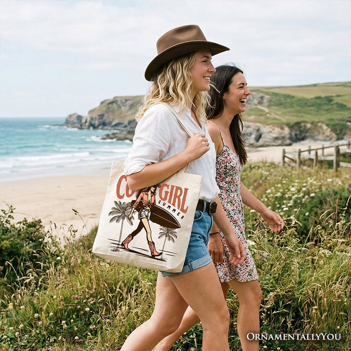 Cowgirl Summer Surf Tote Bag, Retro Western Beach Gift Shopper for Free-Spirited Women Tote Bag OrnamentallyYou 
