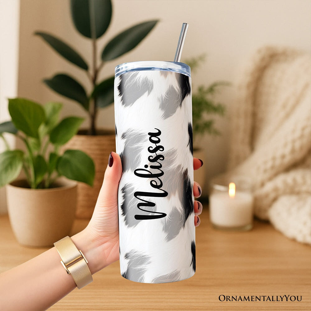 Cowhide Fur Pattern 20oz Personalized Tumbler With Lid and Stainless Steel Straw, Rustic Farmhouse Gift Cup Tumbler OrnamentallyYou 