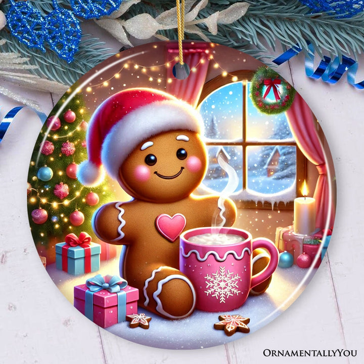 Cozy Gingerbread Man Pink Themed Ornament, Delightful Christmas Gift and Decor Ceramic Ornament OrnamentallyYou Version 2 