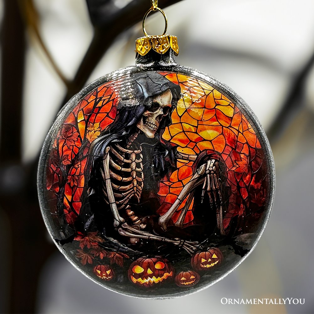 (Pre-Order) Creepy Stained Glass Skeleton and Raven Haunted Ornament, Halloween Horror and Christmas Tree Decor Glass Ornament OrnamentallyYou 