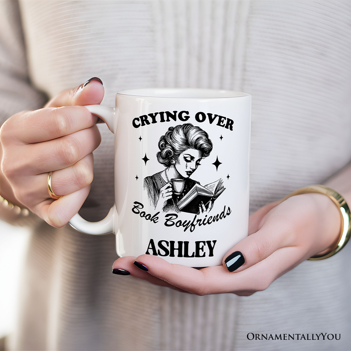 Crying Over Book Boyfriends Personalized Mug, Retro Anti-Valentine Funny Gift With Custom Name