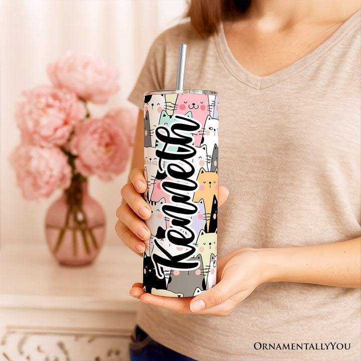 Cute Cats 20oz Personalized Tumbler With Lid and Stainless Steel Straw, Cozy Cat Owner Travel Mug Gift Tumbler OrnamentallyYou 