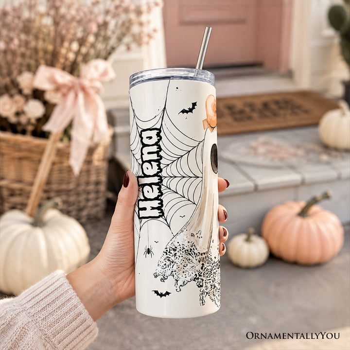 Cute Lace Ghost Coquette 20oz Personalized Tumbler With Lid and Stainless Steel Straw, Floral Vintage Halloween Gift Cup